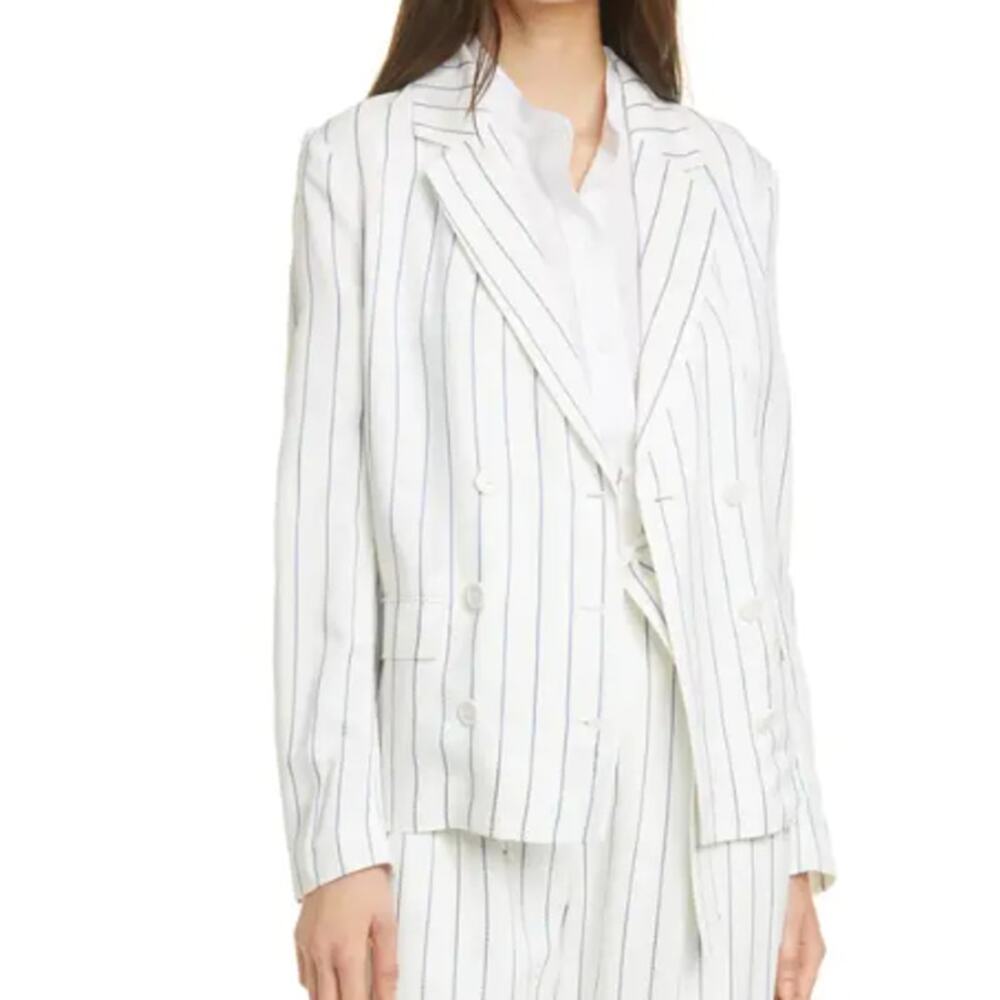 Equipment Gael Double Breasted Stripe Print Blazer white with Blue strips 12